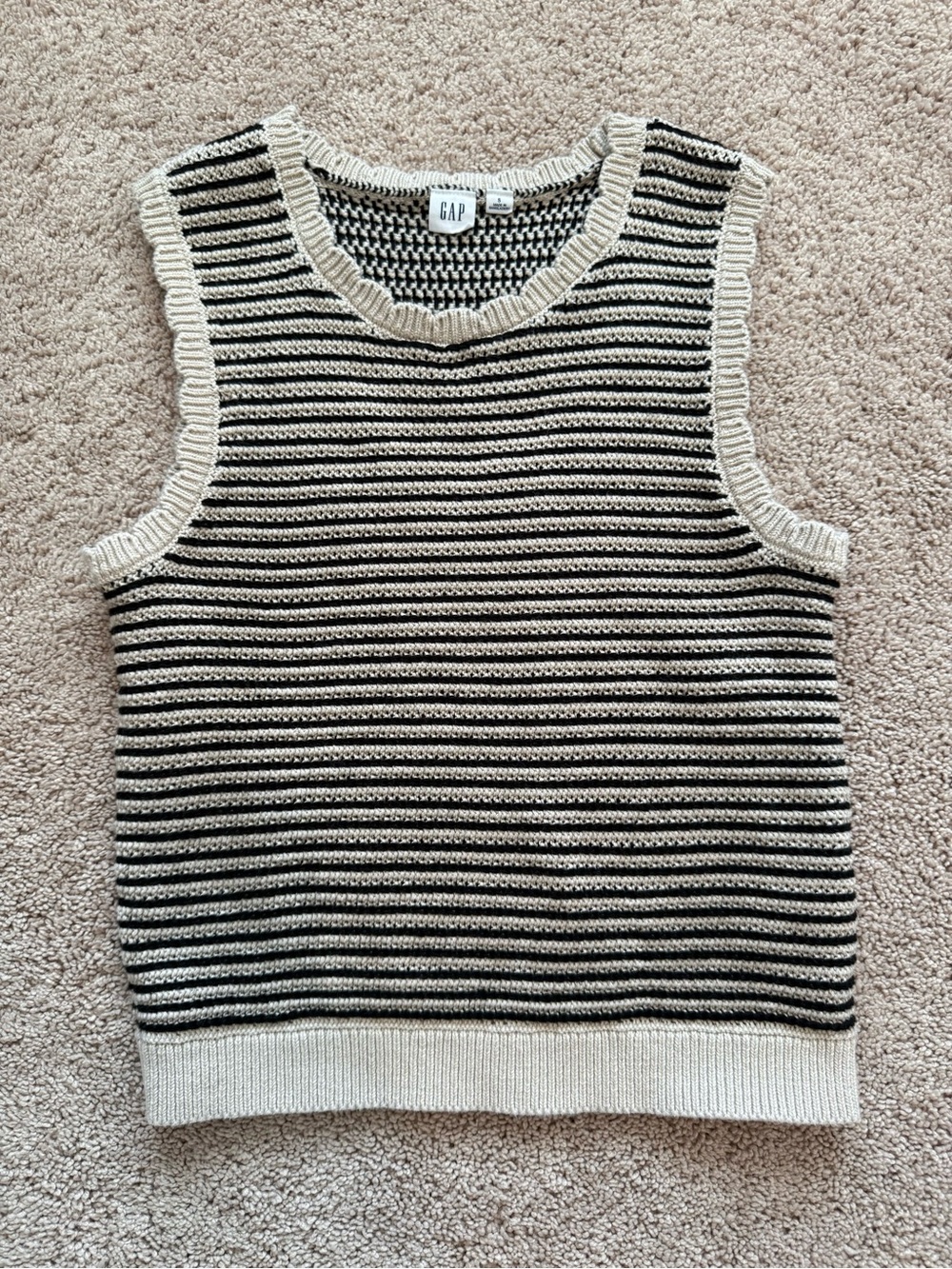 GAP Striped Black and Cream Knit Sleeveless Crewneck Sweater